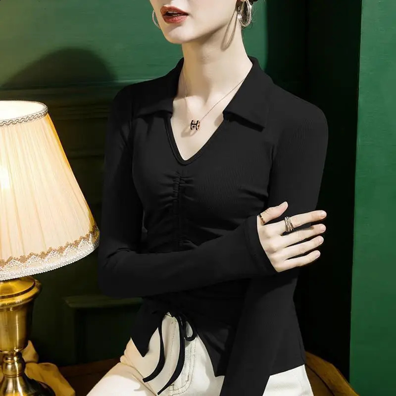 #4382 Short T Shirt Women Polo Neck Drawstring Irregular Long Sleeve T Shirt Ladies Tight Soldi Color Stretch Womens T-shirt 250411