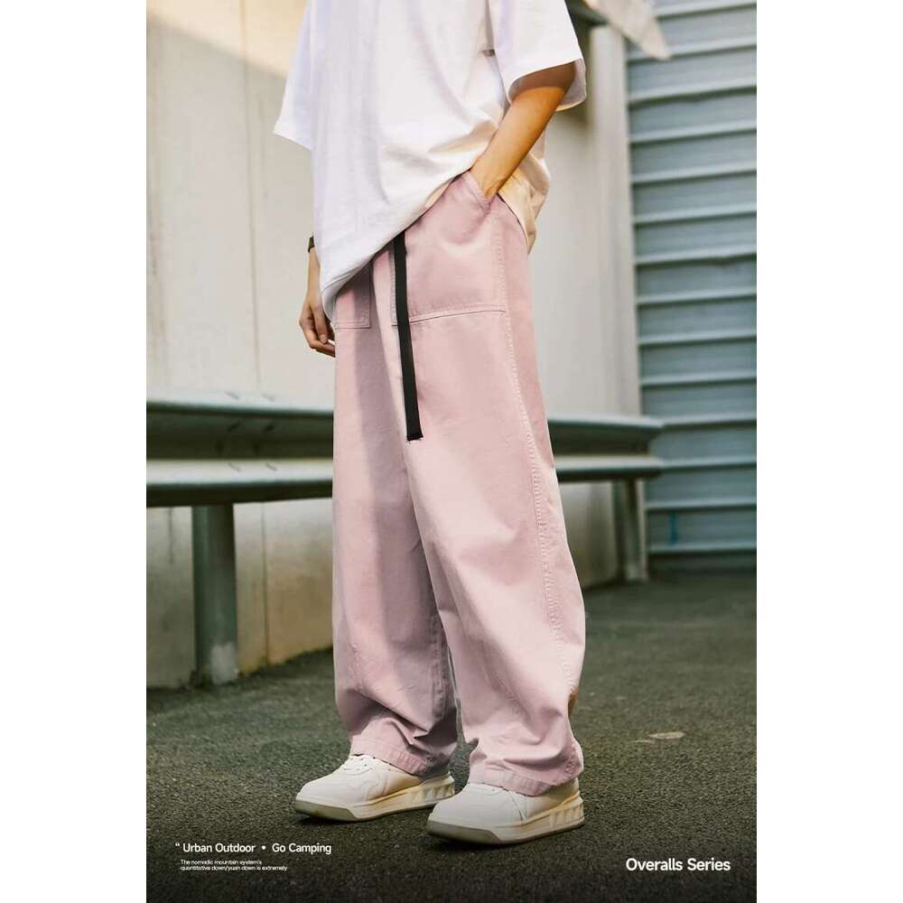Pink Wide Mens Slacks Elastic Waist 100% Cotton Trousers Unisex Straight Leg Pants