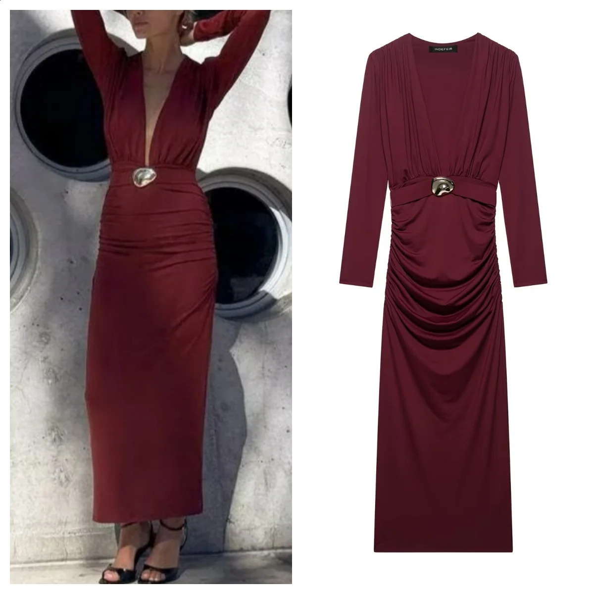 European and American Style Inlaid Belt Deep Vneck Warm Slim Long Sleeve Dress 250411