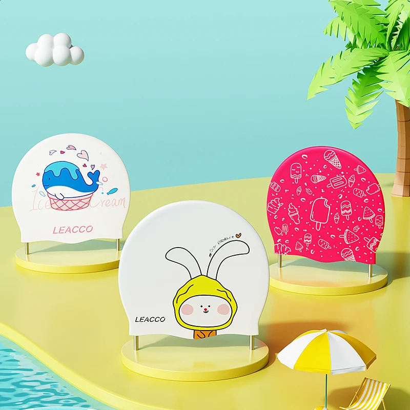 childrens high elasticity silicone professional swimming cap with cartoon print various cute styles soft and waterproof 250411