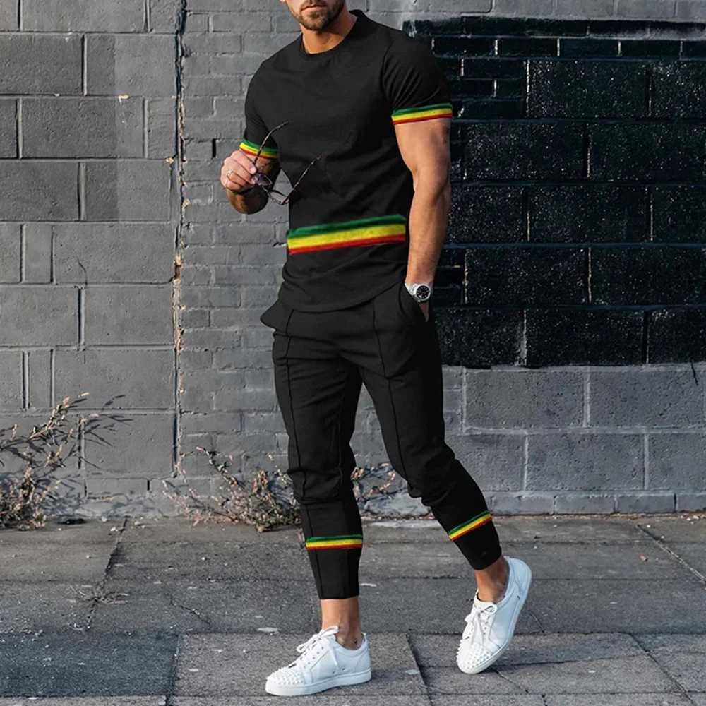 Mens T-shirt track set 2-piece short sleeved sportswear set fashionable mens clothing mens casual O-neck top pants setXJ250412