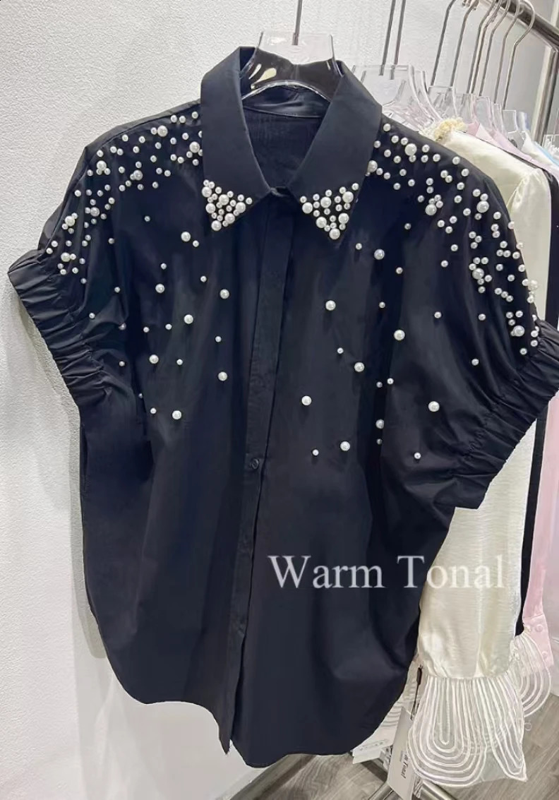 High-end Pears Beads Stitch Loose Casual Black Cotton Shirts Blouses For Women 2025 Summer Short Sleeve Mid-length Tops Clothes 250411