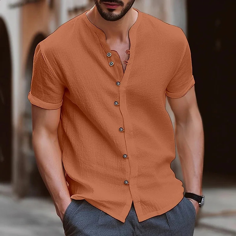 Mens Short Sleeve Tshirt V neck button Cotton Linen Shirt Mens Casual Clothes Tops for Men 250411
