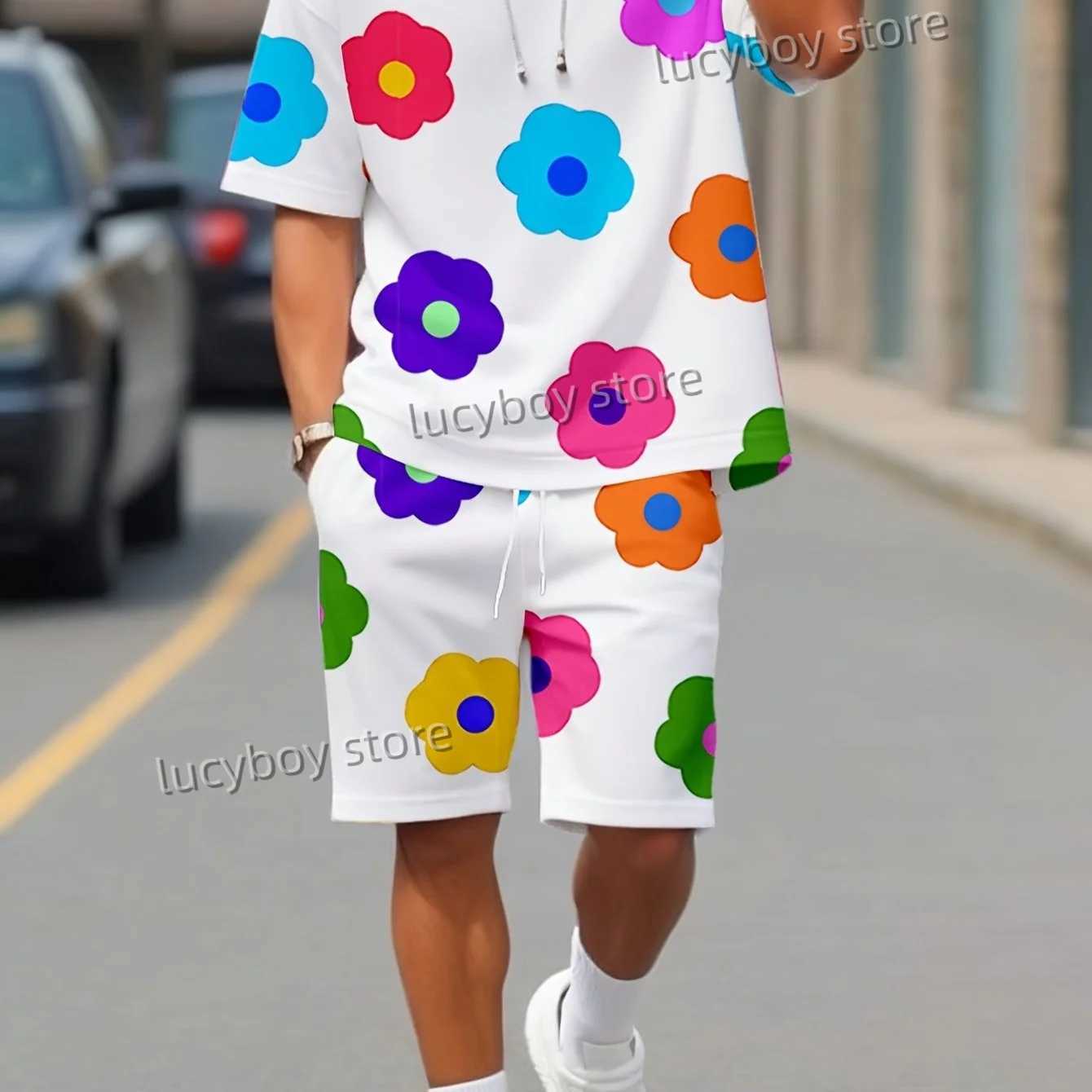 Colorful floral printed sports T-shirt+shorts set for mens luxury track and field wear summer oversized 2-piece set for mens clothingXJ250412
