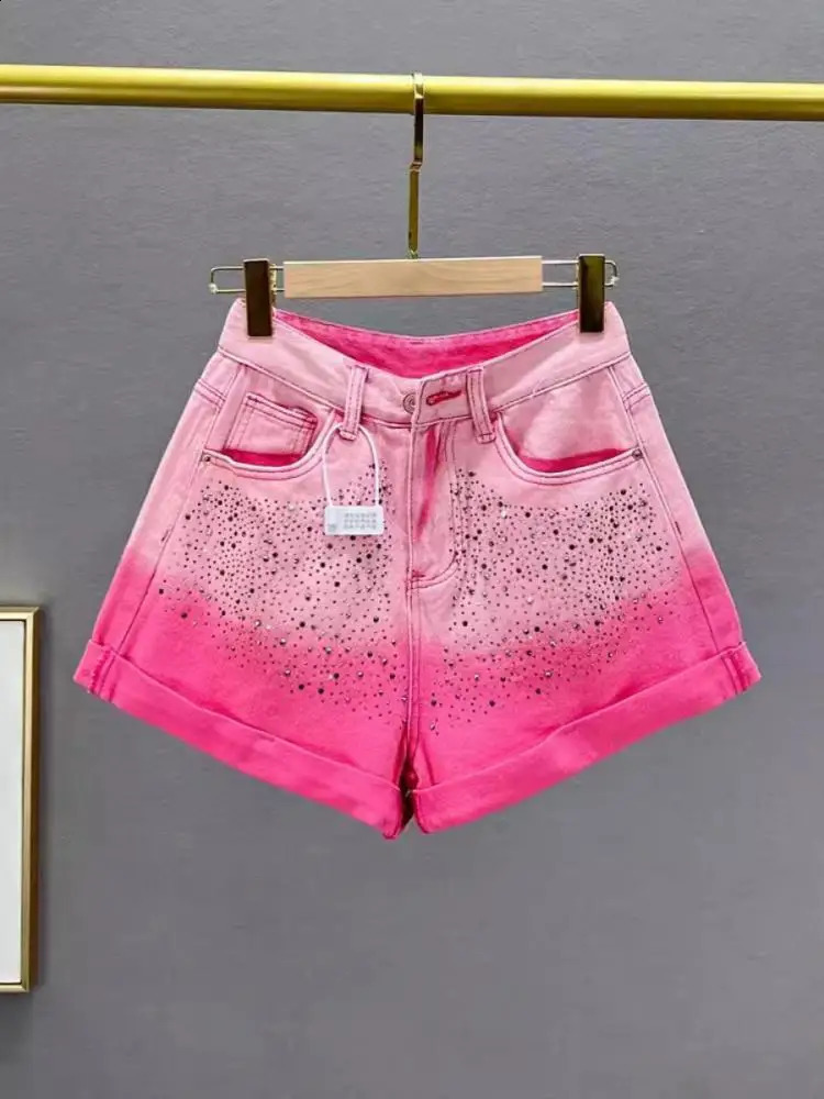 Korean Fashion Diamond Gradient Wide Leg Denim Shorts Womens Autumn High Waist Slim Jean Short Pant Trendy Streetwear 250411