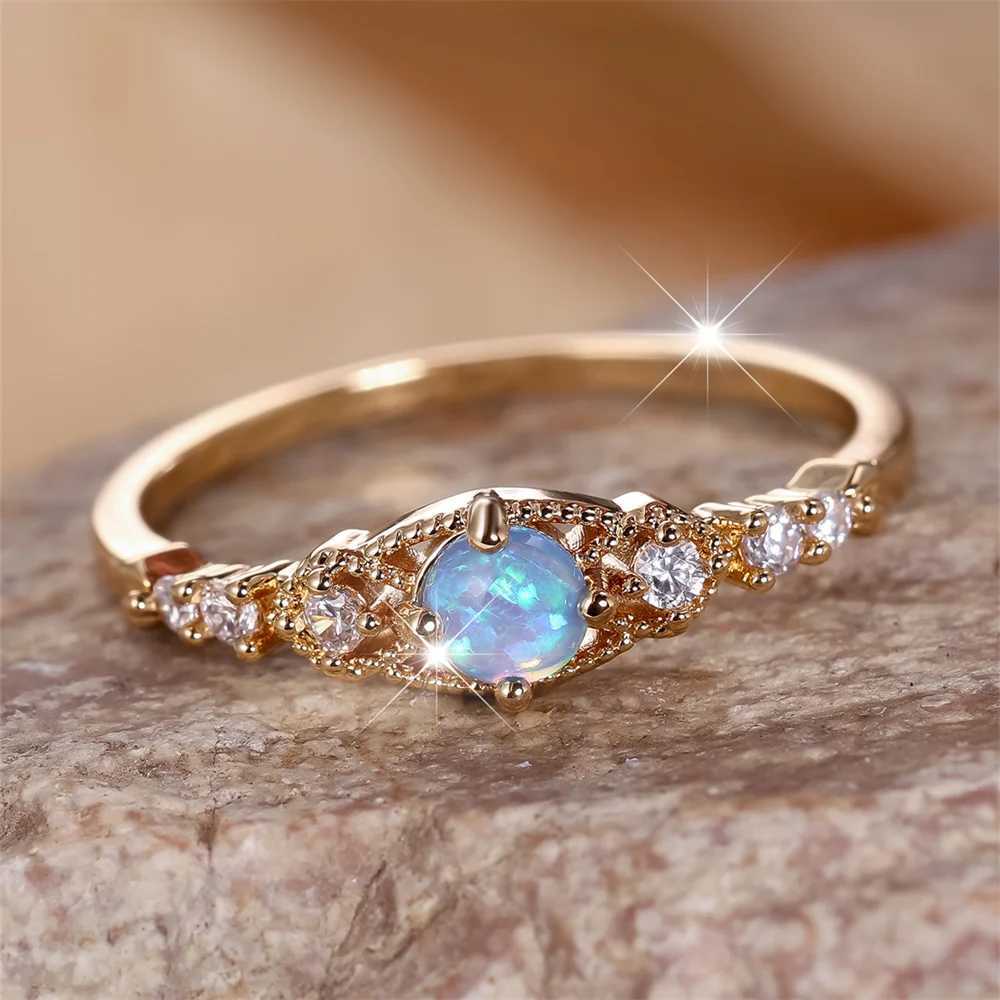 Blue Opal Small Round Stone Female Engagement Ring Vintage Gold White Zircon Wedding Ring Birthday Stone Jewelry GiftXJ250412