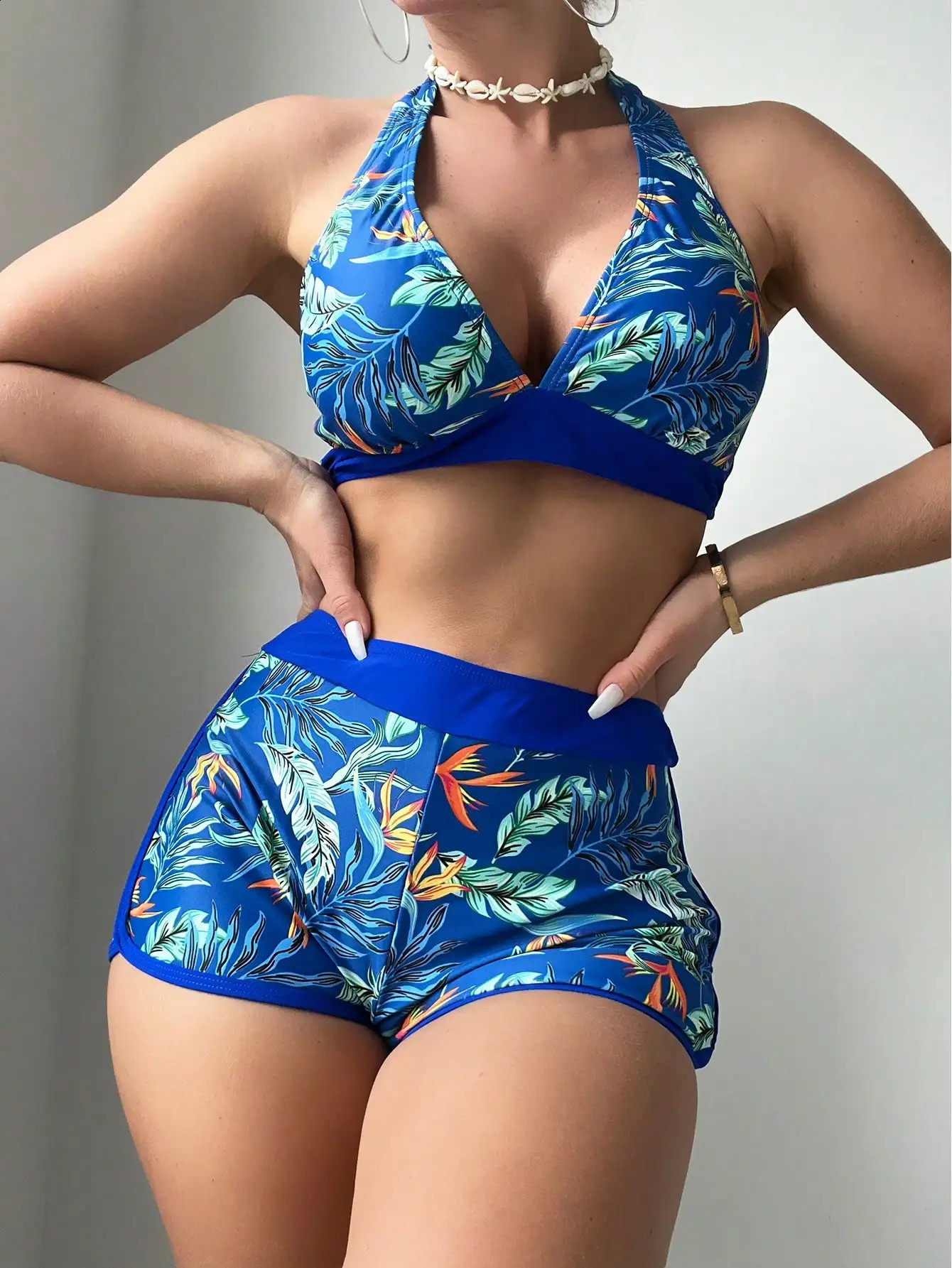 2025 Halter Bikini Set Short Swimsuit Women High Waist Swimwear Female Printed Bathers Swimming Bathing Swim Suit Beachwear 250411