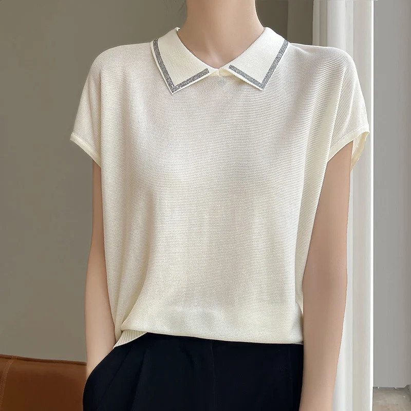 Summer Womens Lyocell POLO Lapel Short-sleeved T-shirt Breathable Loose Thin Top 250411