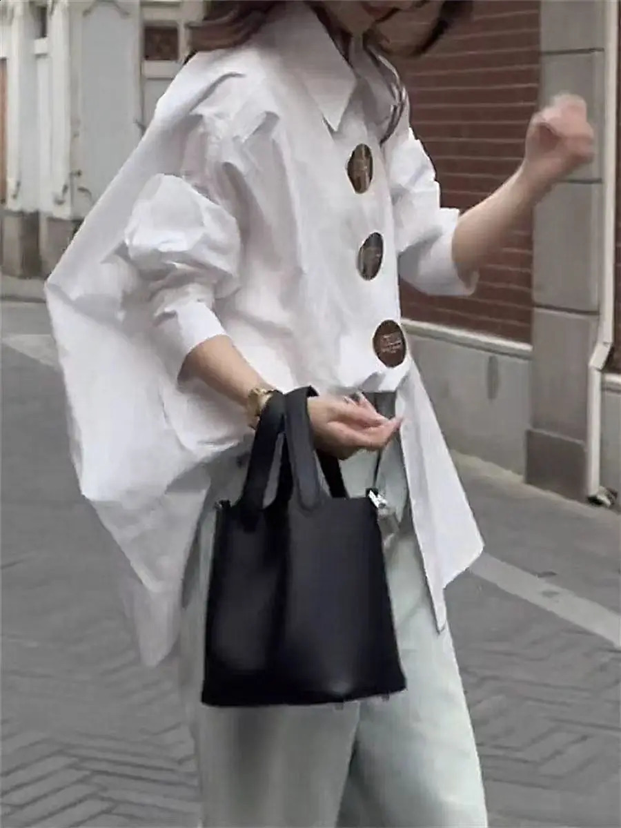 In Autumn Loose Casual Cotton Buttons Up Shirts For Women Lantern Sleeve Top Korean Oversized Shirt Blouse 250411