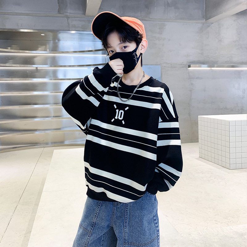 Ddmyshoesvip Boys Autumn Striped Hoodie New Cool And Handsome Boy Loose Round Neck Long Sleeved T Shirt Korean Version Thin Top