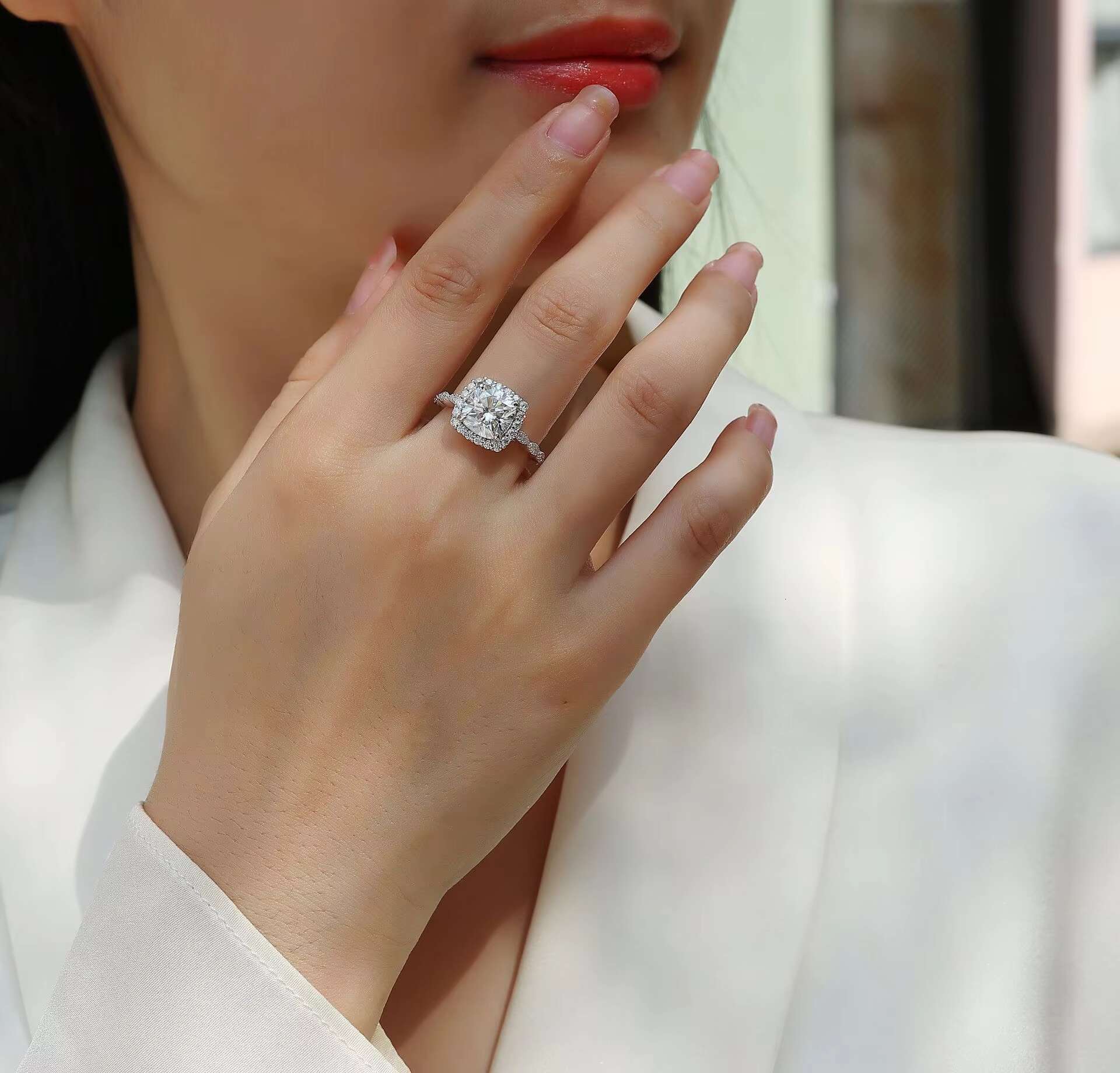 DE Cushion Cut Moissanite Women Ring Square Design 3ct Moissanite Women Ring D Color VVS1 Full Moissanite Silver Ring for Women