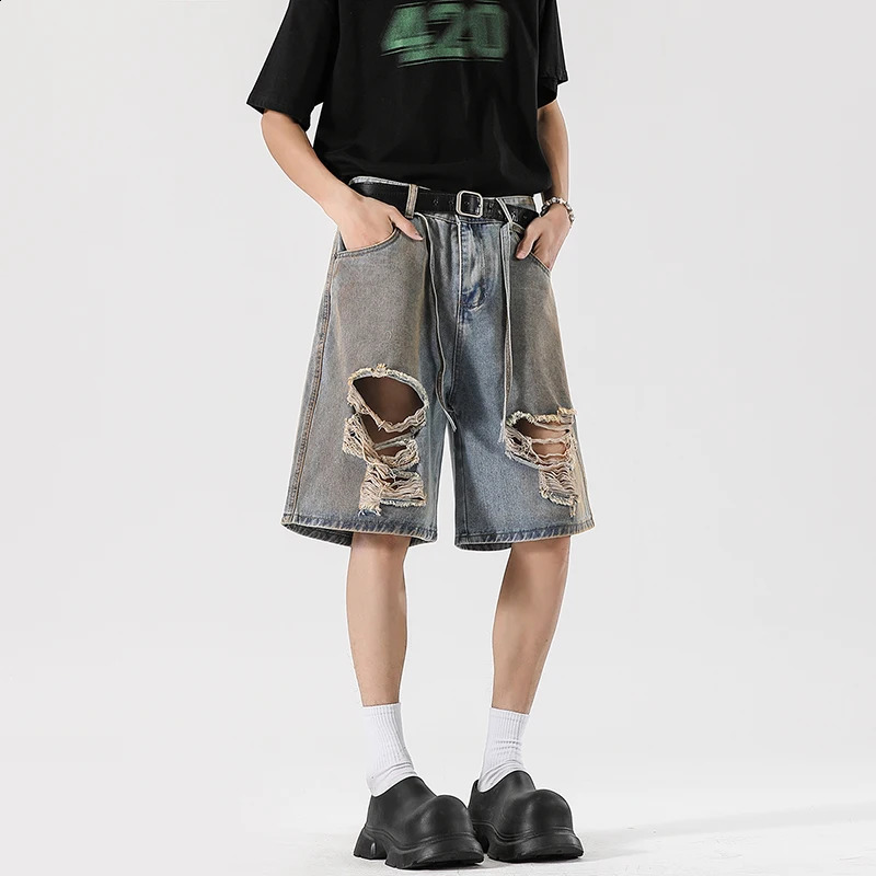 Mens denim shorts summer long street retro style Distressed Ripped five quarter pants 250411Z