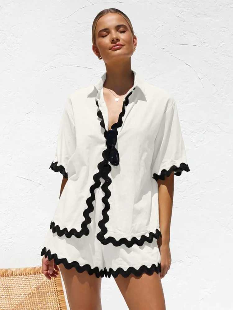 Simple and fashionable wave splicing solid color short sleeved two-piece set for womens casual summer short sleeved shirt setXJ250411