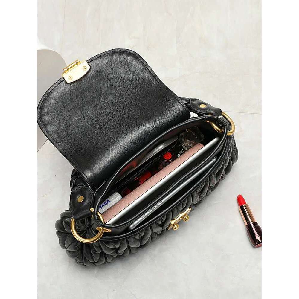 Designer Women Sheepskin Pleated Underarm Office Ladies Flap Weave Handbag Genuine Leather Shoulder Crossbody Bag