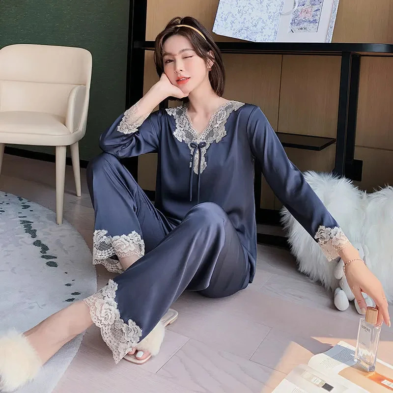 High Quality Pajamas Set Men Women Fall Summer Ice Silk Couple Sleepwear Male Female Large Size Silk Loungewear Suit 250411