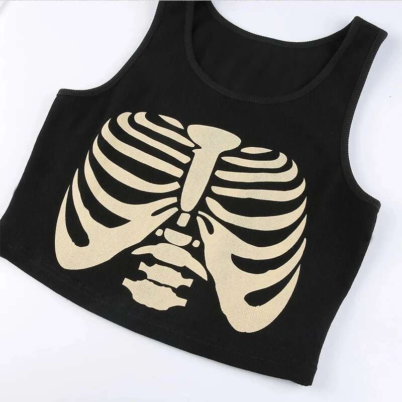 Summer Tops Women Punk Vintage Cosmic Skeleton Printing Tank Black Goth Clothes Haruku O-Neck Short Sleeve Crop Top T Shirt