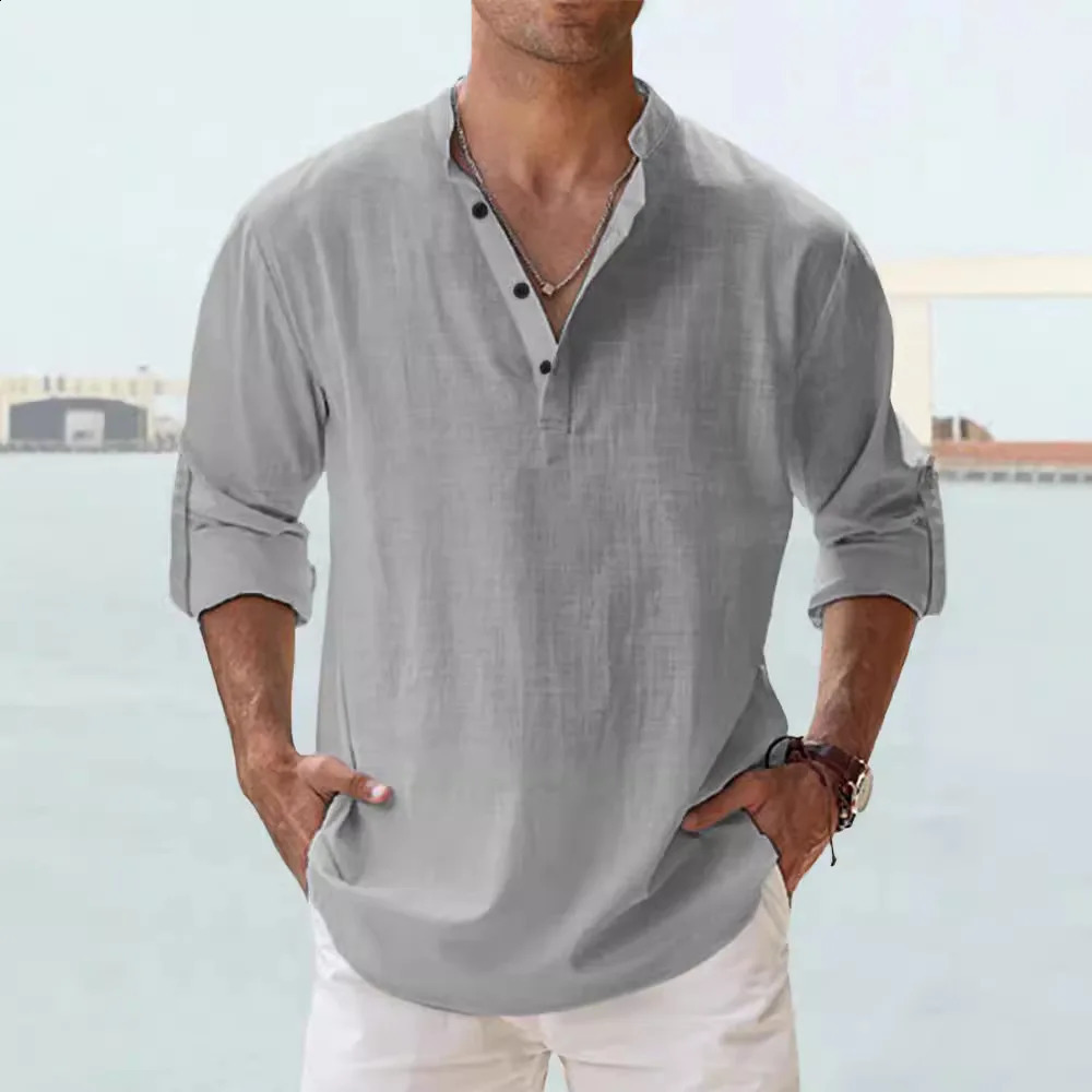 2025 Mens Cotton Linen Shirt Long Sleeve Stand Collar Casual Black White Top Street Casual Big Size Shirts Blouses 250411