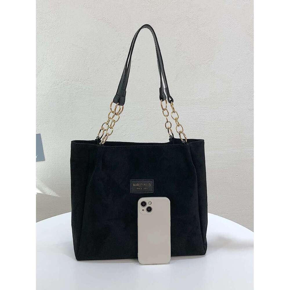 Stylish Suede Shoulder Bag, Letterstick Details Chain Trim Handbag, Lady High Volume Tote Bag