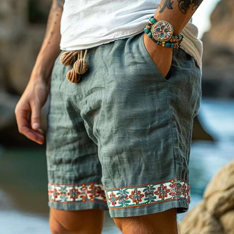 Casual Loose Patchwork Mens Cotton Summer Daily Leisure Breathable Drawstring For Men Beach Vintage rals Shorts
