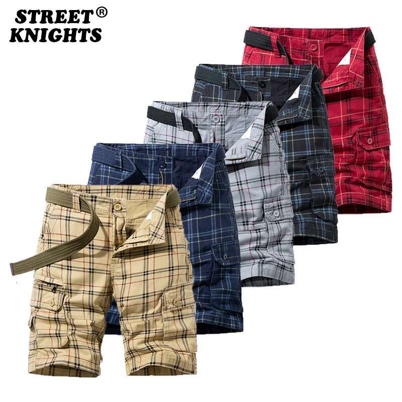 2023 New Summer Fashion Plaid 100% Cotton Casual Breeches Cargo Men Breathable Quick Dry Multi Pocket Hip Hop Shorts