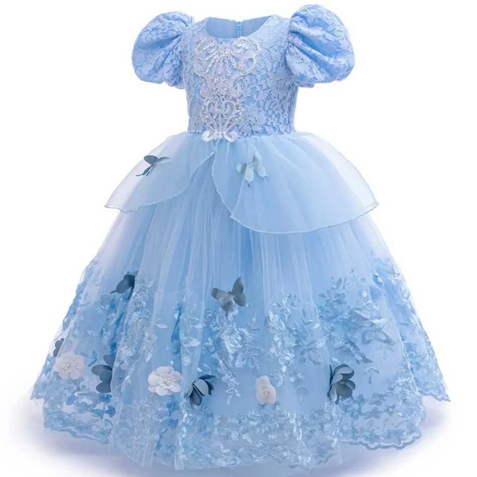 Disney 2025 New Cinderella Role Playing Dress Lace Blue Princess Dress Girl Carnival Halloween Birthday Party Blue Dress+AccessoriesXJ250411