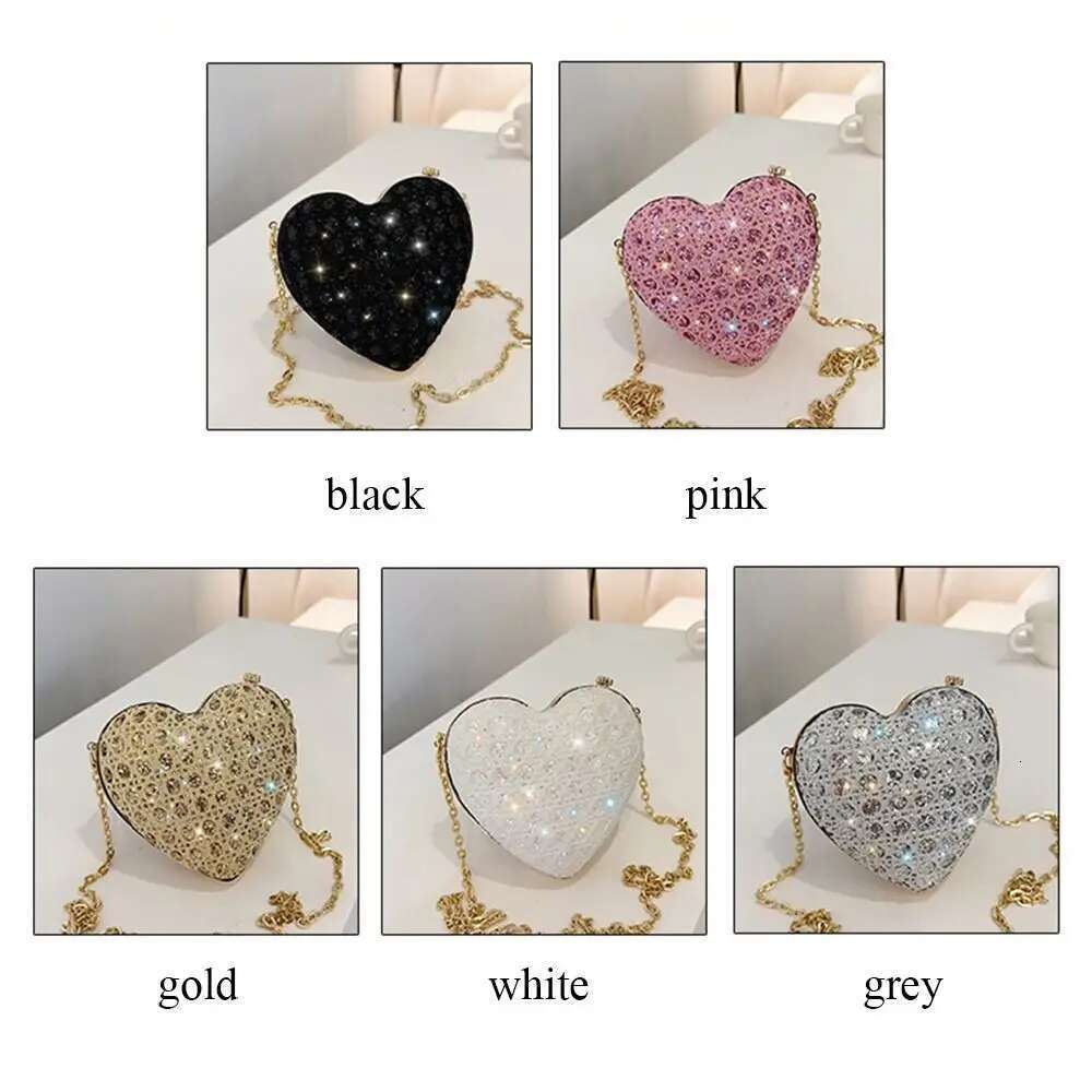 Heart-shaped Evening Bag Gold Bright Silk Rhie Decorative Banquet Clutch Chain Shoulder Bags Wedding Party
