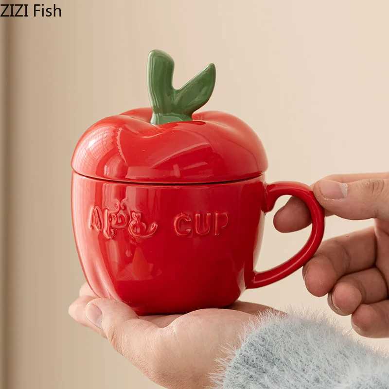 Christmas Ceramic Mug Cartoon Apple Fruit Shape Cover Band Tomato Coffee Cup Childrens Breakfast Milk Mug Festivals Birthday Present Y251112