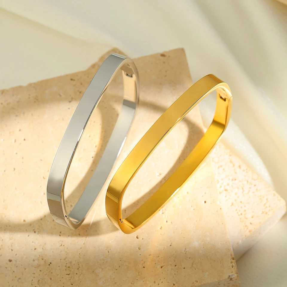 Fashion Square Ring No Inlay Polished Stainless Steel Bracelets Women Men Gold Silver Color Couple Bracelet Party Daily JewelryC250411