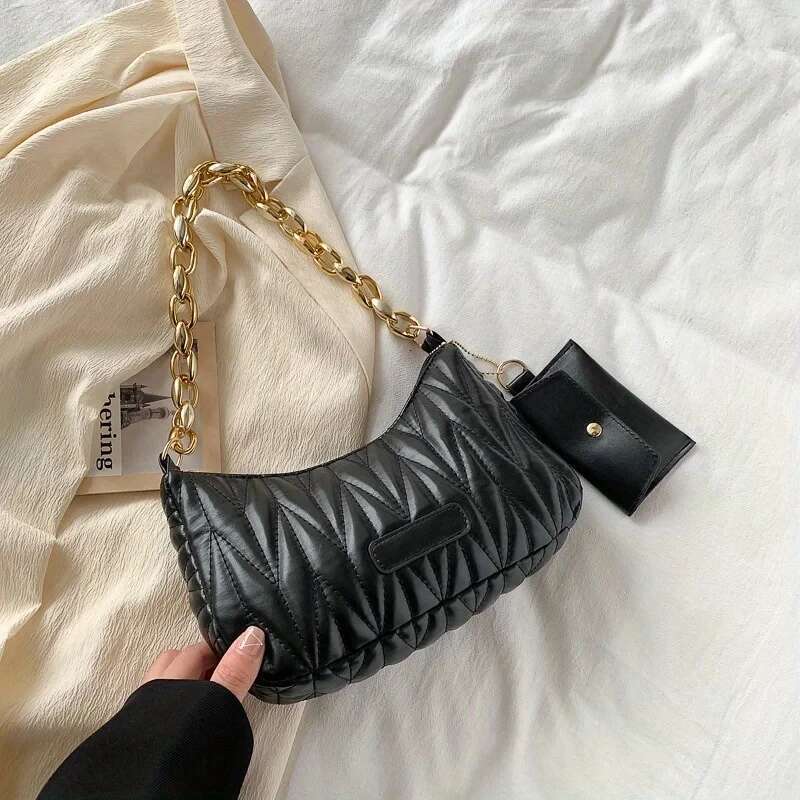 Argyle Quilted Ruched Crescent Fashion Chain Shoulder Bag, Women's Handbag With Coin Purse For Summer