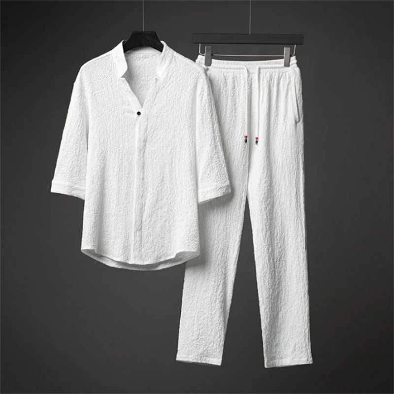 Ice silk linen mens spring/summer 2023 loose floral top and elastic waist Trouser sportswear mens two-piece setXJ250412