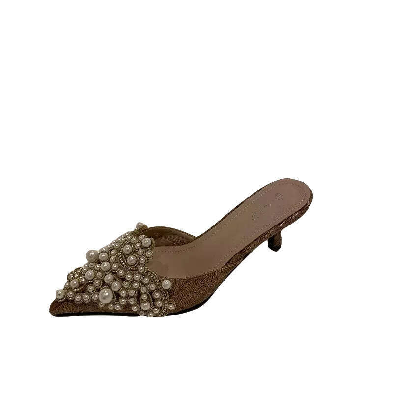 Product 2025 New Fashionable Pointed Pearl Half Dragged Thin Cool Dragging Women's Shoes, Size 42 Baotou Middle Heel Slippers