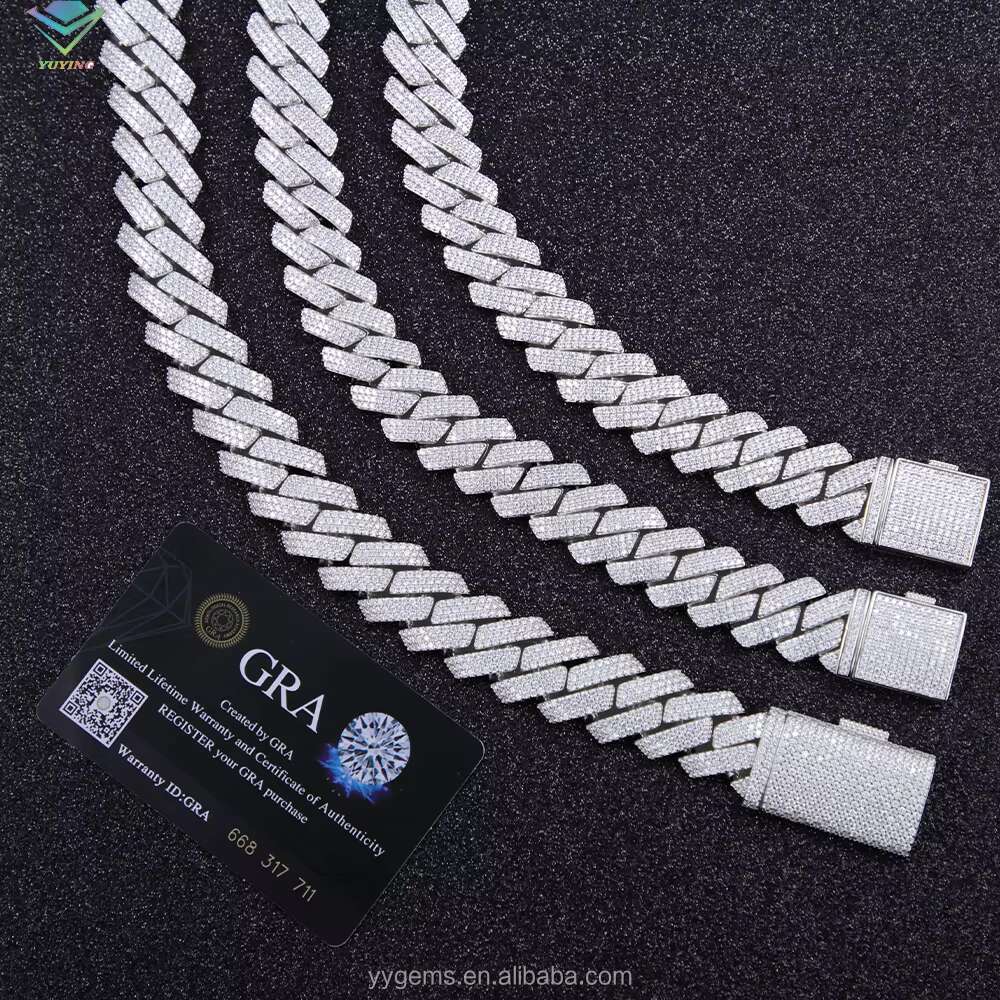Rts 925 Silver 20 mm Wide 3 Rows ICED OUT Cuban Link Chain with GRA Vvs Diamond Moissanite for Rapper Hiphop Jewelry