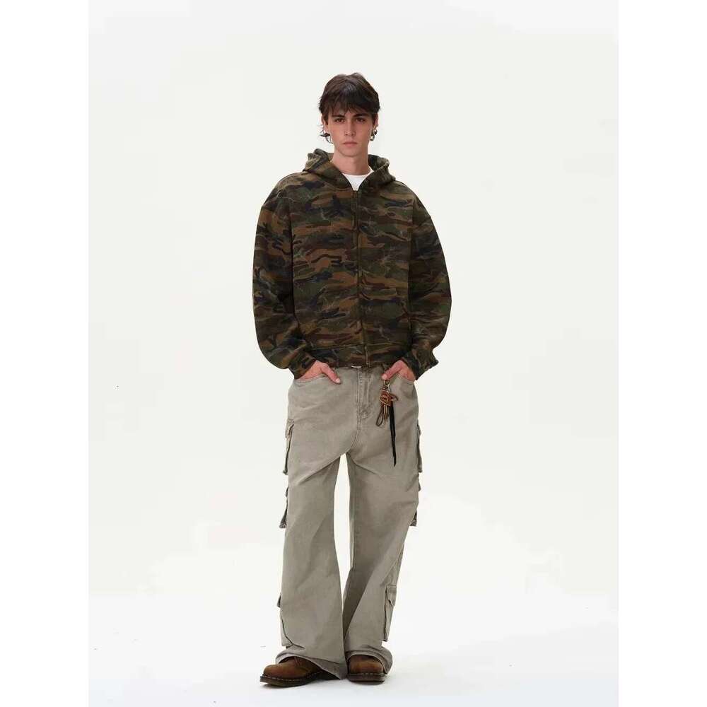 Vintage Corrugated Washed Camouflage Hooded Jacket Haruku Streetwear Zip Up Hoodies