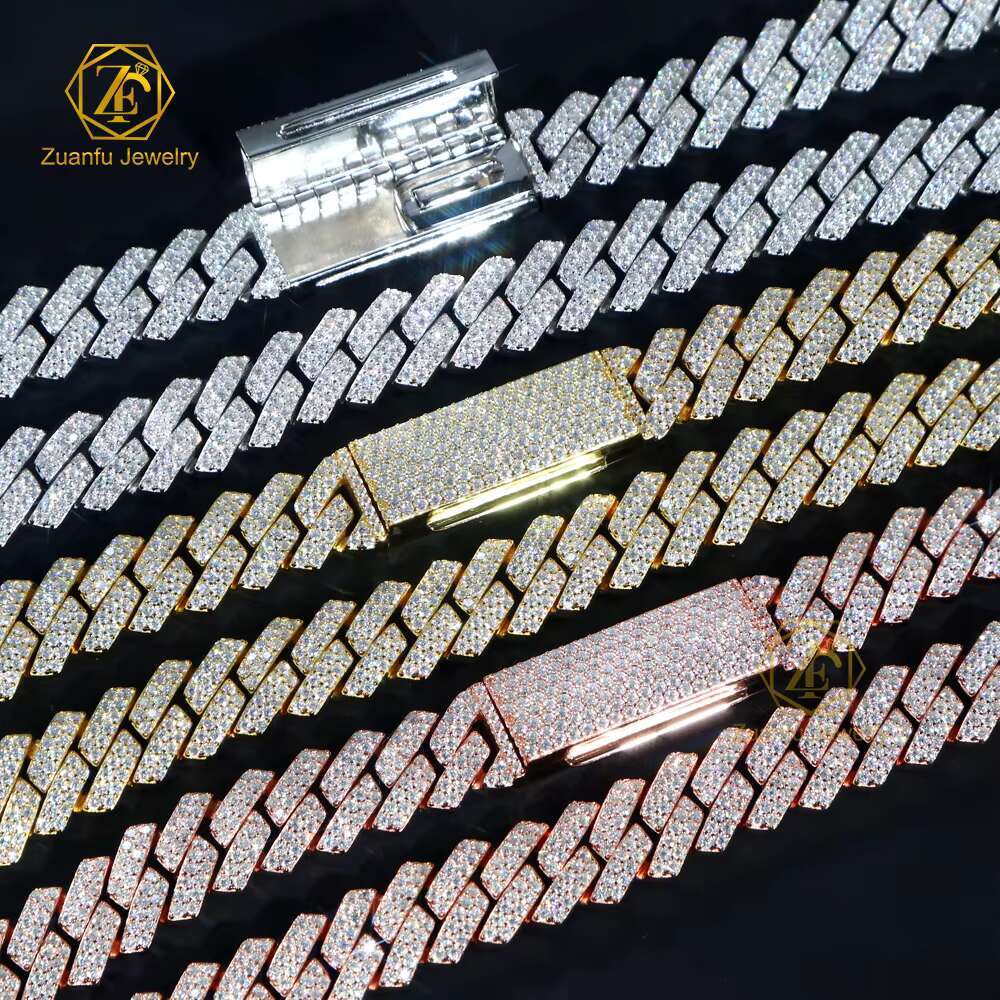 Custom 15mm Cuban Chain Hip Hop Iced Out Jewelry Moissanite Diamond 925 Sterling Silver Cuban Link Chain