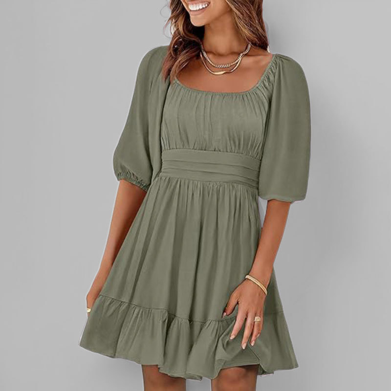 T49Fashionable Elegant Summer Dress with Ruffle Detail and Square Collar for Women