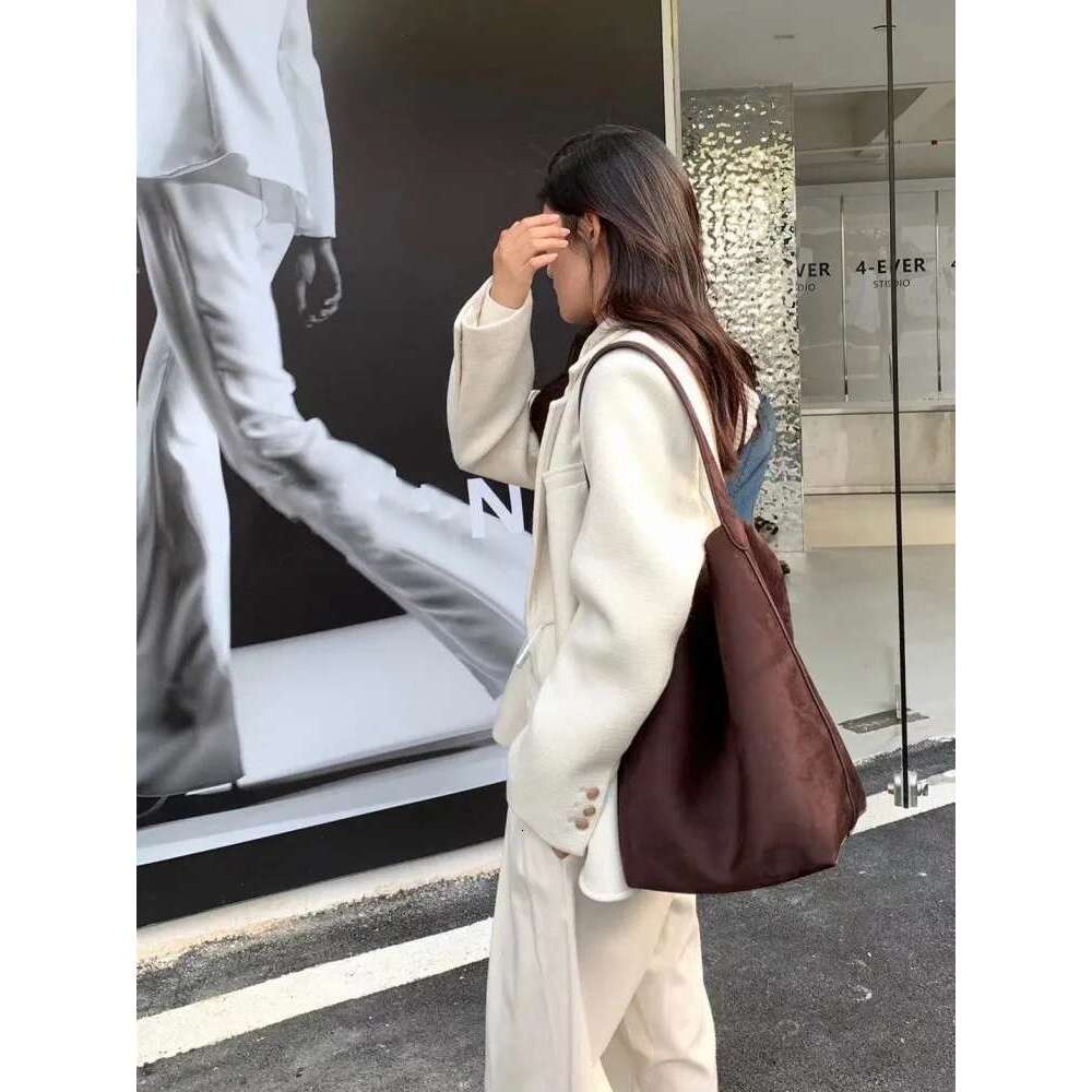 Casual Versatile Women Solid Color Suede Genuine Leather Single Shoulder Bag Large Capacity Totes Handbag Ladies Bucket Bags