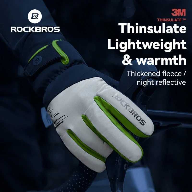 ROCKBROS Cycling Gloves Winter Windproof Keep Warm Reflective Gloves Thickened Palm Pad Touch Screen Night Cycling Glove MTB MenC250412