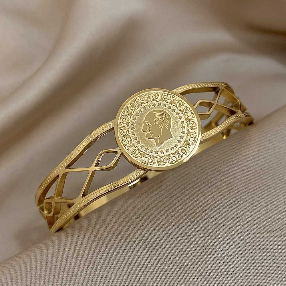 Vintage Coin Gold Plated Stainless Steel Bracelets Irregular Hollow Geometric Wide Cuff Bangle Bracelet Waterproof JewelryC250411
