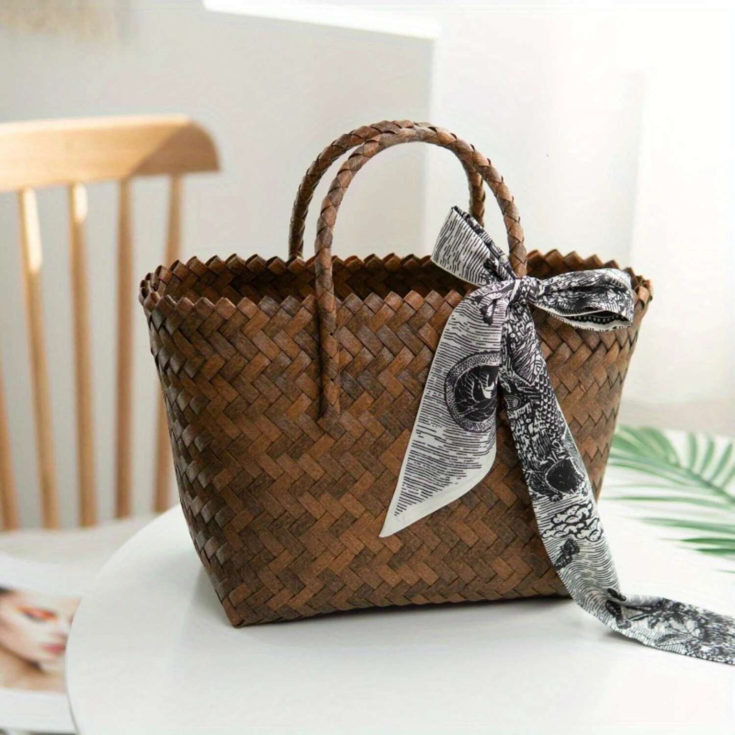 Imitation Rattan Woven Tote Small Vegetable Basket Bag, Women Travel Vacation Beach Bag