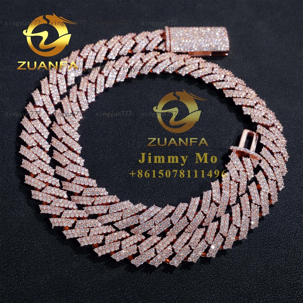 14mm Two Rows Pass Diamond Tester 925 Silver Rose Gold Plated Iced Out Hip Hop Flawless Moissanite Diamond Cuban Link Chain