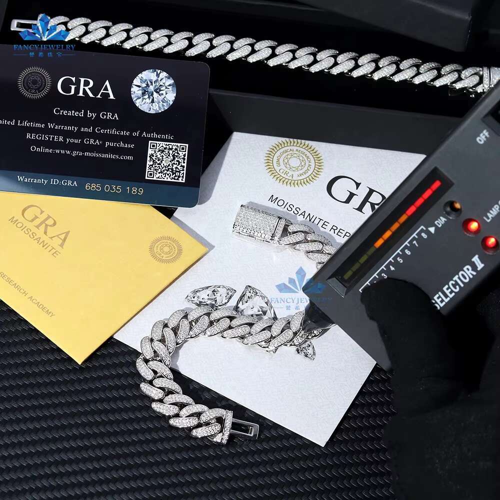 Ready to Ship 8mm 10mm 12mm 925 Sterling Silver GRA Certificate Moissanite Diamond Cuban Link Chain Bracelet