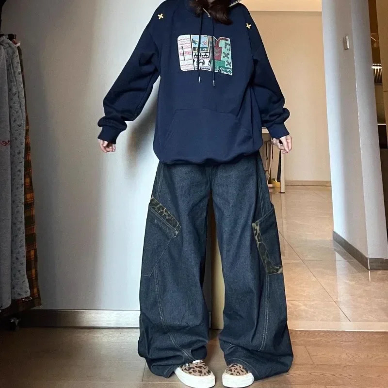 Deeptown Y2K vintage womens jeans large pocket curved knife leopard wide leg denim cargo pants Harajuku bagged autumn mens clothing 250410