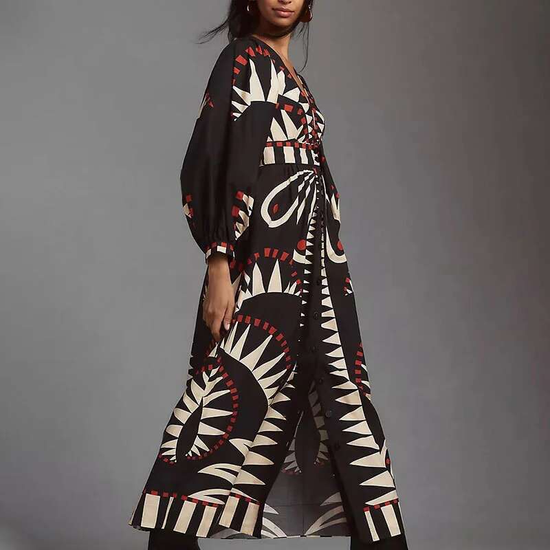 Summer Fashion Pattern Print Long Spring Elegant Deep V-Neck Split Bohemian Women Casual Lantern Sleeve Party Dress