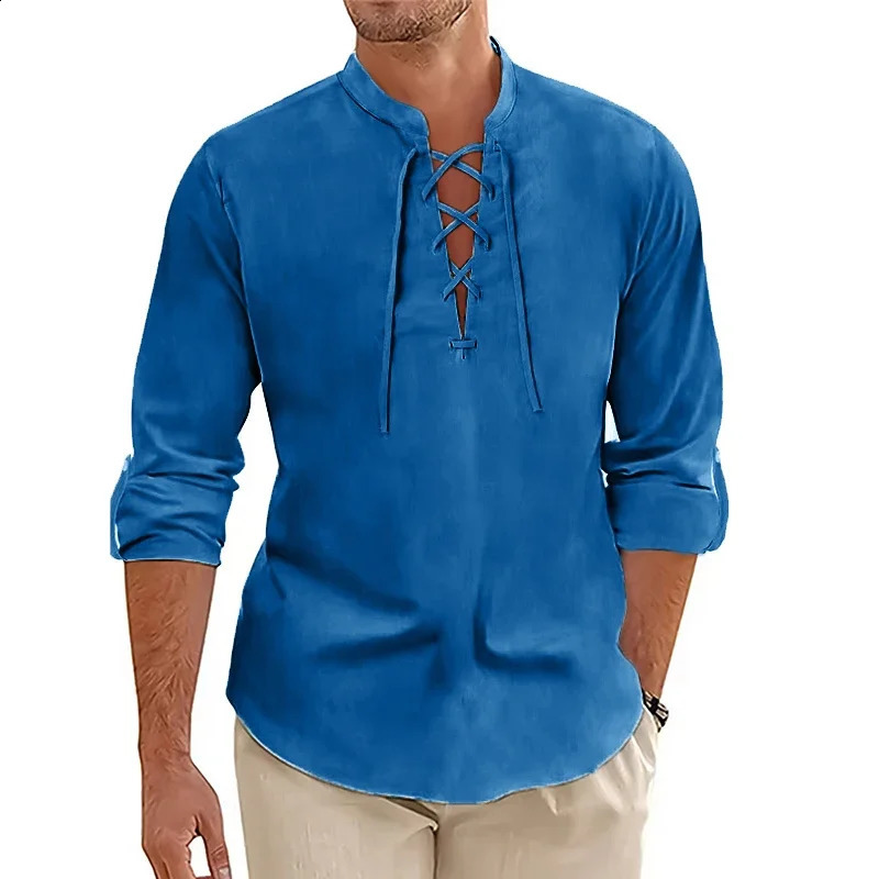 Mens Casual Long Sleeved TShirt Autumn Medieval Vintage Cotton Linen Shirts Halloween Streetwear Breathable Lace-up Streetwear 250411