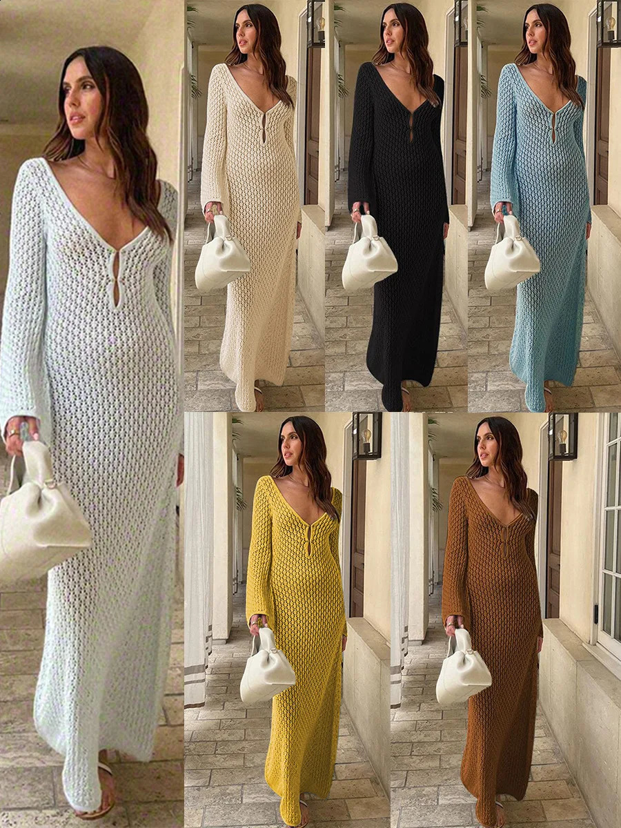 Sexy Women White Long Knit Sleeve Bikin Fashion Cover up Female See-Through Deep V-Neck Hollow-Out Beach Knitwear Backless Dress 250411