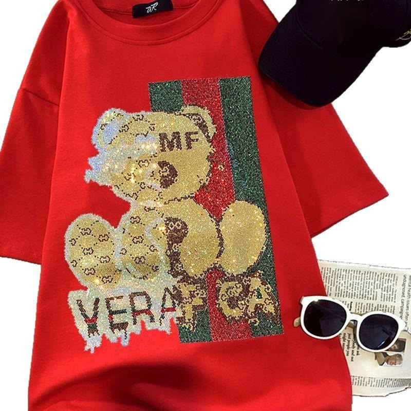 2025 Designer T-shirt Women's Student Fashion Design Sense Loose Short Sleeve T-shirt Hot Pot Diamond Round Neck Women's Cotton Top Summer C