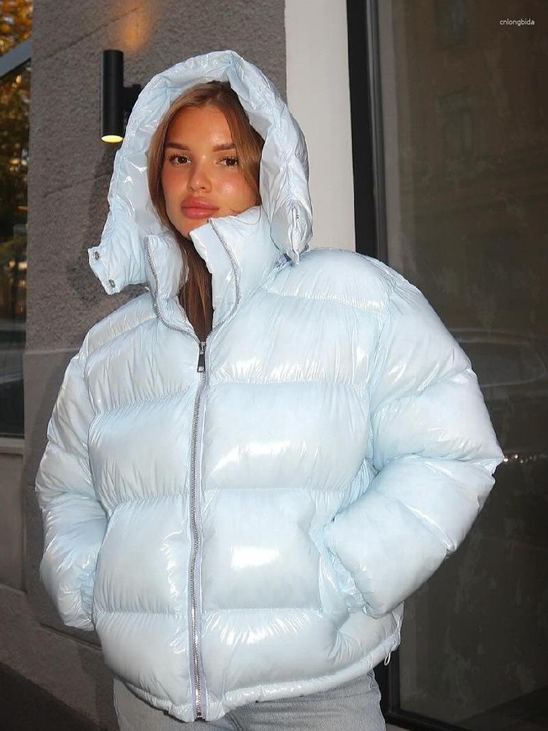 CNLONGBIDA Women's Down Solid Color Shiny Hooded Cotton-Padded Jacket Y2K Aesthetic Puffer Coat Windproof & Waterproof Down Jacket Short Length f
