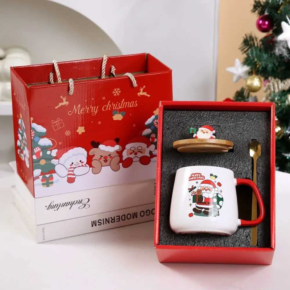 Christmas Merry Christmas Gifts Kit Warm 55 Santa Claus Pattern Coffee Cup Spoon Sets Wooden Lid Snowman Ceramic Mug for Office Home Use Y251112
