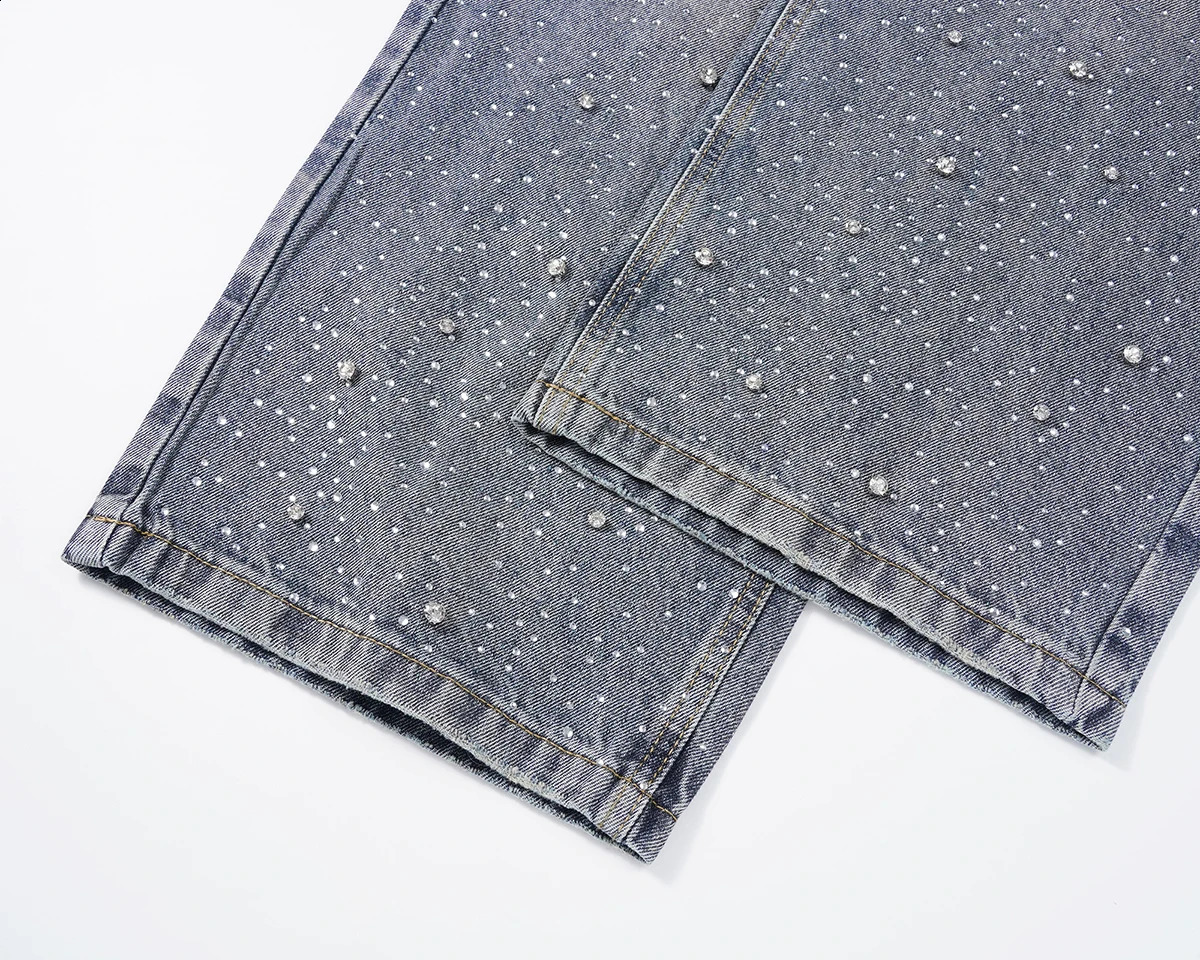 Full rhinestone printed straight blue pocket jeans mens streetwear loose casual denim oversized cargo pants 250410