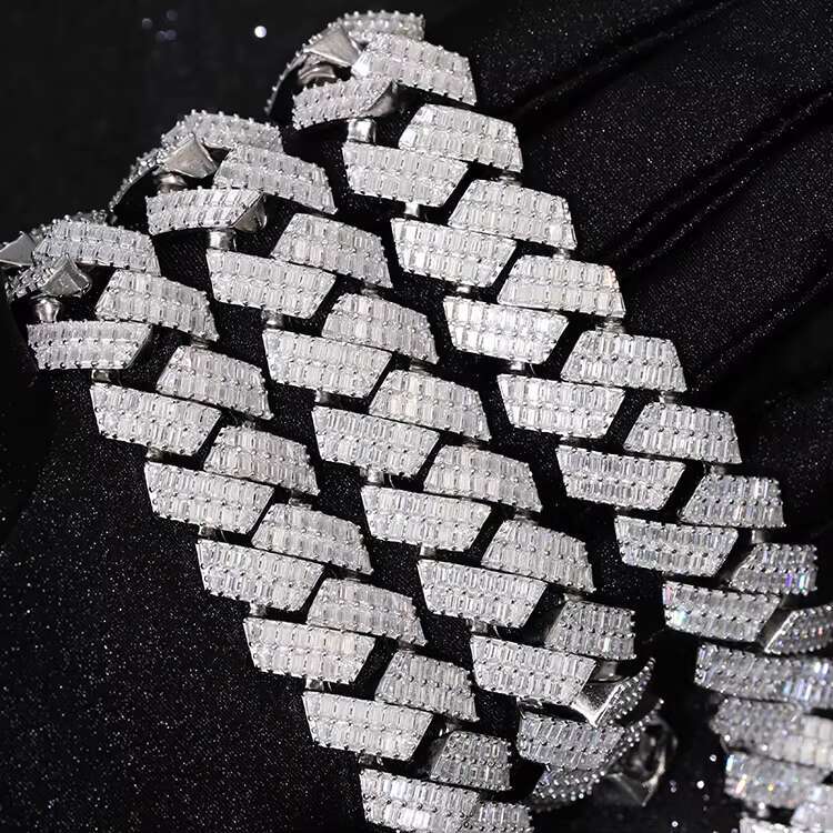 Yu Ying Gems Jewelry 20mm Wide Full baguette Moissanite Diamond Sterling 925 Silver Necklace Cuban Chain